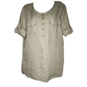 Ellen Tracy Linen Tunic Top Sz. M Green-Gray Roll Tab Sleeves Lagenlook